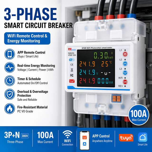 RMshebei Three-Phase 100A DIN Rail KWH Electric Energy Meter Prepaid with Tuya WiFi RS485 Module LCD Display AC Ammeter