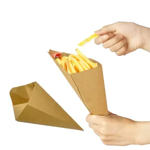 Custom Personalize Folding Disposable Chicken Snack Fast Food Packaging Kraft Paper Chips Cone Shape Bag French Fries Box