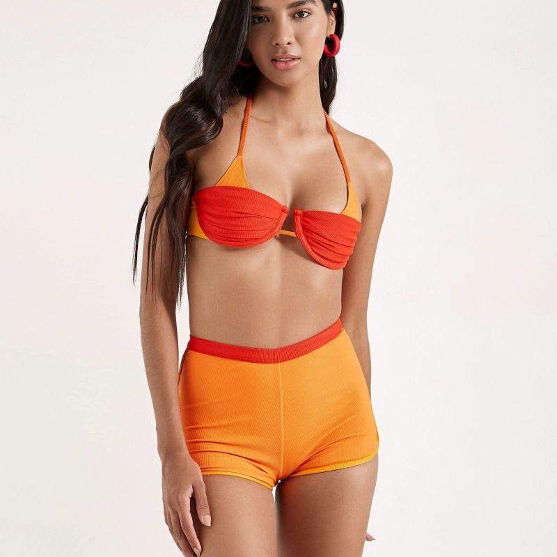Swimwear Manufacturer Custom Shorts Ribbed Fabric Contrast Color Halter  Underwire Sexy Mature Bikini Sporty Swimsuits Jammer