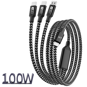 Câble USB C <span class=keywords><strong>6</strong></span> pieds 100W Nylon tressé USB-C <span class=keywords><strong>cordon</strong></span> de <span class=keywords><strong>chargeur</strong></span> multiple avec port Micro et IP de type C pour câble de charge <span class=keywords><strong>iPhone</strong></span> 16/15 - Product Image 1