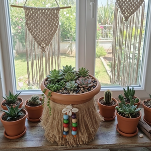 Boho Chic Handmade <b>Succulent</b> <b>Pot</b> with Jute Tassel Shells-2.7L Capacity Indoor Plant Container for Home & Garden Decor - Product Image 3
