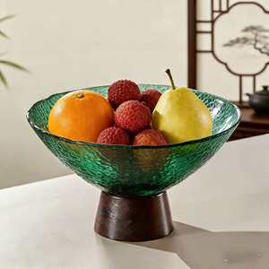 Bol à fruits en verre sur pied, rond, avec base en bois, pour la maison et les fêtes - Product Image 2