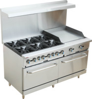Fourneau commercial vertical avec brûleurs en terre cuite, plaque de cuisson plate et four intégré, alimenté au gaz, en acier inoxydable, 300 000 BTU