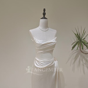 LY94 Modern Ivory Satin Scoop Ruffle Slim Mermaid Wedding <b>Dress</b> <b>with</b> Floral Crystal Appliques Embroidery Chapel <b>Train</b> - Product Image 3