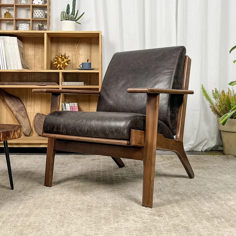 रेट्रो विंटेज चमड़ा लकड़ी लाउंज कुर्सी कमरे में रहने वाले कुर्सी तन चमड़े एसेंट कुर्सी reclining कमरे में रहने वाले कुर्सी