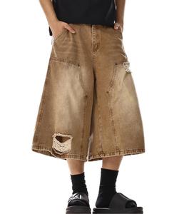 Pantalones Cortos de Verano para <span class=keywords><strong>Hombre</strong></span>, Estilo Hip Hop Vintage, Desgastados, Rotos, Transpirables, Ligeros, de Cintura Media, de Algodón, de Pierna Ancha - Product Image 2