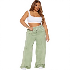 Pantalones de chándal de punto elásticos de cintura alta para mujer, color verde liso, casuales, largos, ajustados, con cordón y cintura elástica, para invierno - Product Image 1