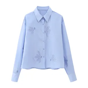 Light blue color embroidery long sleeve buttons up turn down collar casual tops for women