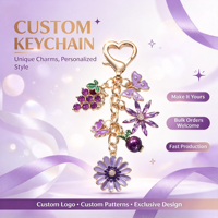 Gantungan Kunci Enamel Kustom Grosir, Liontin Anggur Bunga dari Paduan Seng, Cincin Kunci dengan Logo Kustom, Hadiah Suvenir Berhiaskan Rhinestone OEM ODM