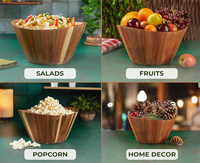 Ensemble de 3 saladiers en bois d'acacia anti-fissuration avec rebord ondulé, bols à mélanger empilables pour fruits, légumes, salades, dîner en famille