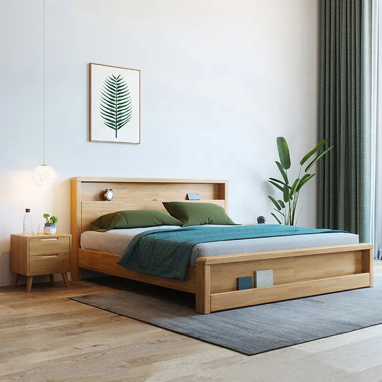 Muebles de dormitorio de alta calidad, cama de madera de goma de estilo nórdico, cama doble de madera sólida para dormitorio, venta al por mayor