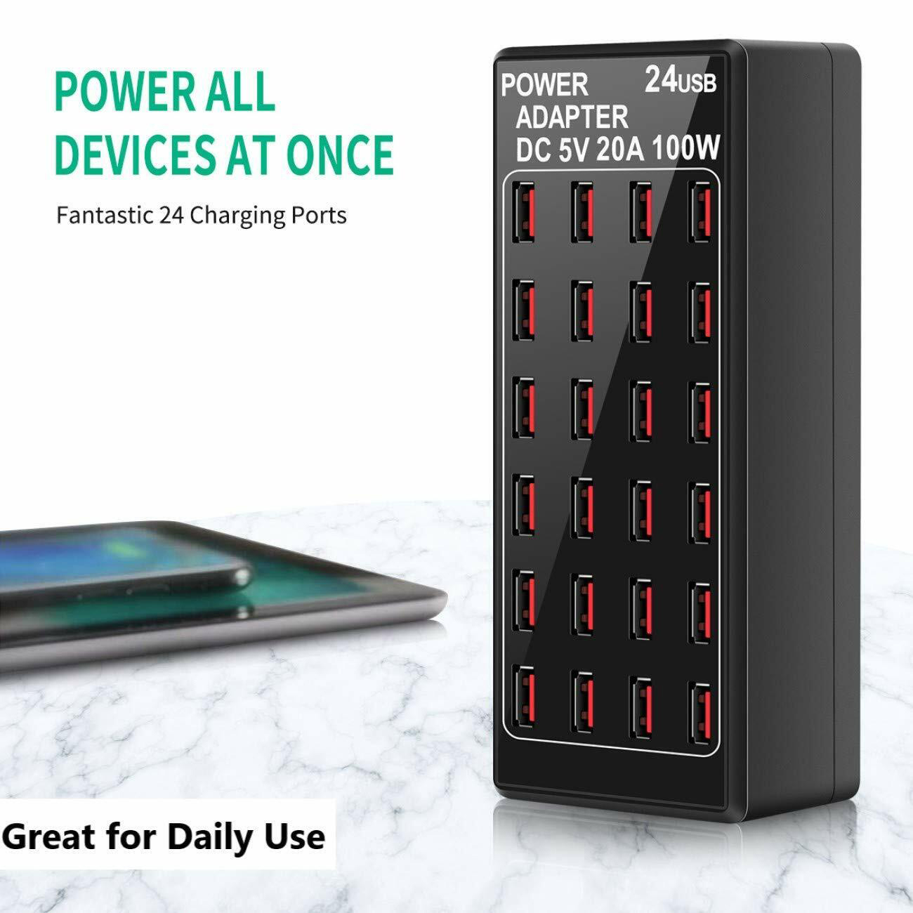 24-Port 100W (20 A) USB Charging Station, Home-Sized Desktop USB Fast Charger, Multiple USB Desktop Chargers for Hotels, Schools, Shops, Shopping mall 24 Port USB Charging Station - 100W 5V 20A Desktop Charger