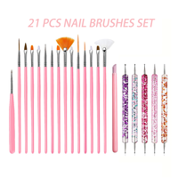 Set de 21 Pinceles de Uñas Rosados con Mangos de Plástico para Pintar, Tallar, Mezclar Esmalte en Gel, Decorar y Dibujar Líneas