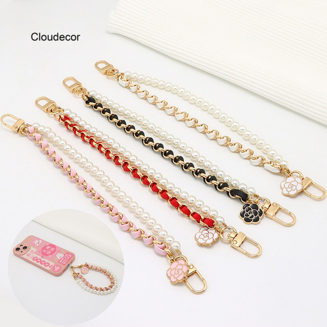 New 2-Layer Pearl Beaded Phone Strap Handmade Phone Case Jewelry Leather Cell Phone Case with Hands-Free Lanyard