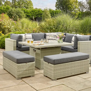 Dark Grey Rattan Set Corner with Square Firepit <b>Table</b> and 2 <b>Benches</b> Modular Sectional Juhui-23102701 Rattan <b>Garden</b> Furniture - Product Image 1