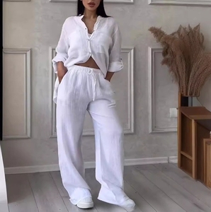 Ensemble Chemise et Pantalon Large Décontracté Couleur Unie à Cordon de Serrage, Style Européen et Américain pour Femme, <span class=keywords><strong>2024</strong></span> - Product Image 1