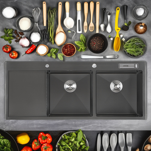 Grand évier de cuisine double bac en acier inoxydable noir nano fait à la main pour usage commercial avec plateau de coupe et porte-ustensiles, garantie de 3 ans - Product Image 6