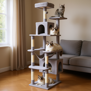 ต้นไม้แมวสีเทาอ่อน ขนาด 72 นิ้ว 4 ชั้น พร้อมคอนโด 2 หลัง เสาข่วนทำจากไซซอล สำหรับแมวในบ้าน เฟอร์นิเจอร์สำหรับเล่นและพักผ่อน - Product Image 2