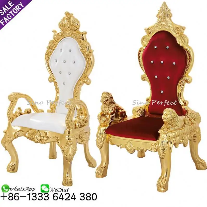 Venta al por mayor de lujo moderno de lujo alta oro blanco real trono sillas de boda de lujo de Rey reina