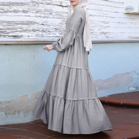 Robe Abaya décontractée de couleur unie pour femmes musulmanes, robe longue à volants, col rond ample, manches longues bouffantes, robe musulmane