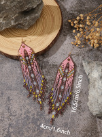 Boucles d'oreilles longues de fée faites à la main, style européen et américain, avec pampilles en cristal rose et perles de riz contrastées rose et violet