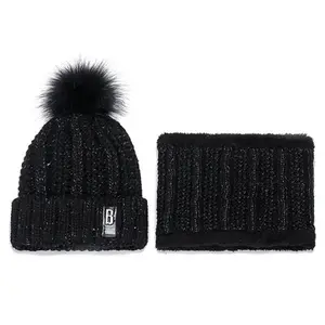 Winter Hat Women's Lovely Plush Warm Knit Two-piece Hat B Letter Winter Sets Beanie Designer