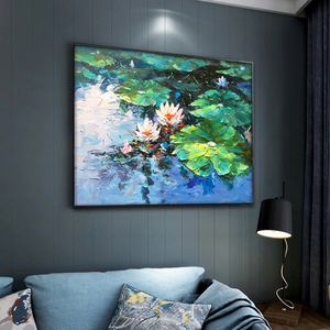 Quadro Decorativo per Soggiorno, Regalo, Dipinto a Mano 100% con Olio su Tela, Laghetto di Loto Dorato con Fiori di Loto Verdi - Product Image 2