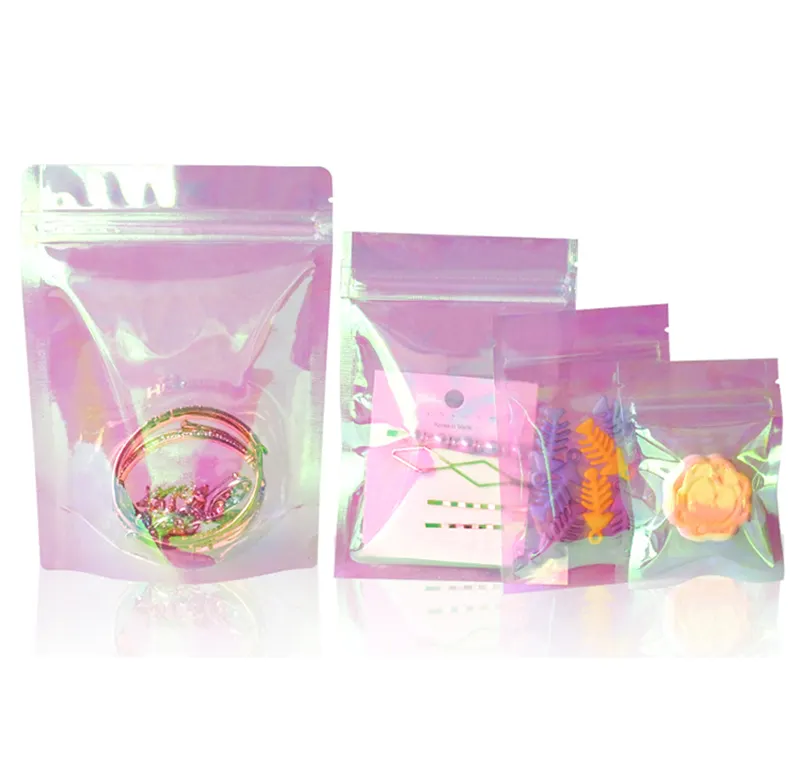 In Stock and Custom Zip lock Clear Pink Plastic Bag Holographic Package Bags Small Zipper Reclosable Iridescent Pouches