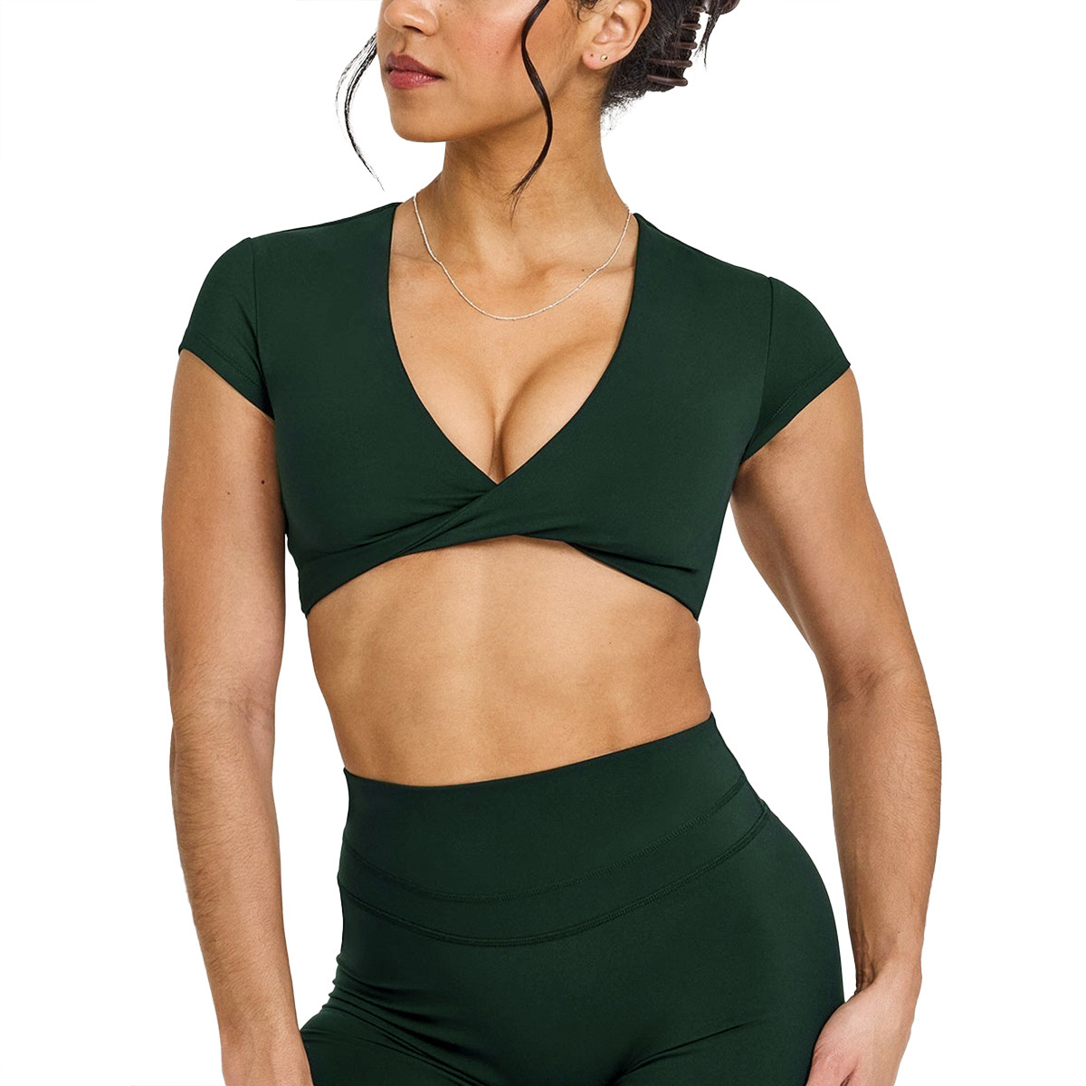 Cross-Border Ruched V-Neck Yoga Short-Sleeve Women's Hollow-Out Beautiful-Back Nylon Tight-Fitting Fitness Top Casual Commuter
