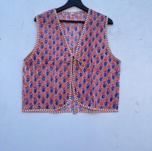 Chaleco de algodón con estampado floral hecho a mano para mujer cómodo frente abierto cuello en V Elegante ropa exterior Chaleco de punto corto para - Product Image 1