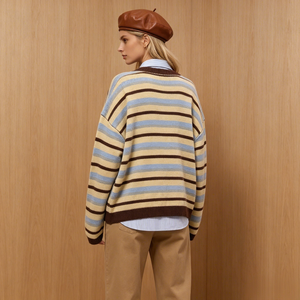 Cardigan da <span class=keywords><strong>Donna</strong></span> a Righe Beige Blu <span class=keywords><strong>Marrone</strong></span> in <span class=keywords><strong>Maglia</strong></span> Intrecciata, Collo Tondo, Bottoni, Maniche Lunghe, Stile Vintage Casual per Autunno Inverno - Product Image 2