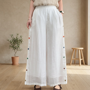 Pantalon palazzo blanc taille haute à jambes larges pour femme |   Pantalon décontracté ample en coton et lin avec boutons sur le côté - Product Image 2