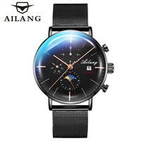 Montre automatique pour homme de luxe classique Ailang, noire, multifonction, mécanique, résistante à l'eau 3ATM, calendrier complet