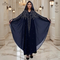 Luxury Dubai Hooded Abaya Heavy Beaded Embroidery Batwing Sleeve Kaftan Modest Islamic Dress for Women Ramadan Eid