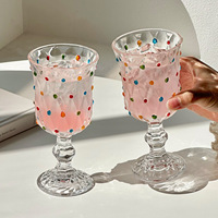 Verre à vin français peint à la main, gobelet à pied, motif points colorés, coupe diamant, style vintage créatif pour mariage et bar, 201-300 ml