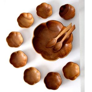 Hand Carved Acacia Wood Flower Shaped <b>Salad</b> Bowl Set with <b>Servers</b> and Individual Bowls - Natural <b>Wooden</b> Fruit Serving Tableware - Product Image 1