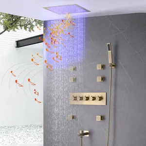 Conjunto de sistemas de ducha termostáticos LED de música montados en el techo completo de baño dorado cepillado de lujo de gama alta