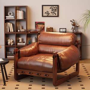 Sillón Reclinable de Cuero Marrón con Estructura de Madera, Sillón Reclinable para Sala de Estar, Uso para Adultos - Product Image 2