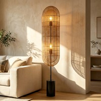 Lampadaire Japandi en rotin, abat-jour capsule tressé, 2 lumières E27, lumière d'ambiance chaude Edison pour salon et chambre