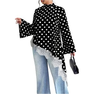 Blusa Elegante Estampada con Puntos para Mujer, Manga Larga, Manga Campana, Adorno de Encaje Asimétrico, Top de Gasa para Uso Diario - Product Image 1