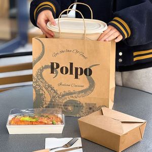 Sacs shopping en papier kraft personnalisés avec logo pour restaurants, vente en gros, poignées imprimées acceptées pour l'emballage alimentaire et la promotion - Product Image 5