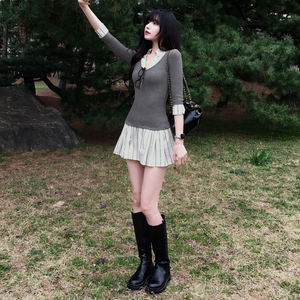 Vestido de punto a rayas estilo preppy INS con patchwork, de dos piezas, cintura ajustada, corte A, mini vestido informal estilo universitario para mujer - Product Image 3