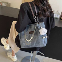 SH0089 Sac Fourre-Tout Étudiant de Style Coréen Grande Contenance Simple Bandoulière Décoration Chaînes Sac à Main Scolaire Tendance Deux Poignées Polyester