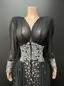 Abito da Sera Nero Elegante con <span class=keywords><strong>Maniche</strong></span> <span class=keywords><strong>Lunghe</strong></span>, Scollo a V Sexy, <span class=keywords><strong>Vestito</strong></span> da Cerimonia di Lusso con Diamanti - Product Image 3