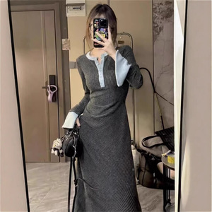 High Waisted Gray Long Sleeve Sweater Dress Round Neck A Line Contrast Color Solid Pattern Autumn Winter Women's Dress - Product Image 1