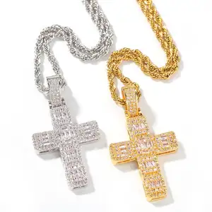 18K Or Hiphop Mâle Femelle Croix Pendentif Collier Baguette CZ Diamant Zircone Main Coupe Acier Femmes Bijoux De Fiançailles