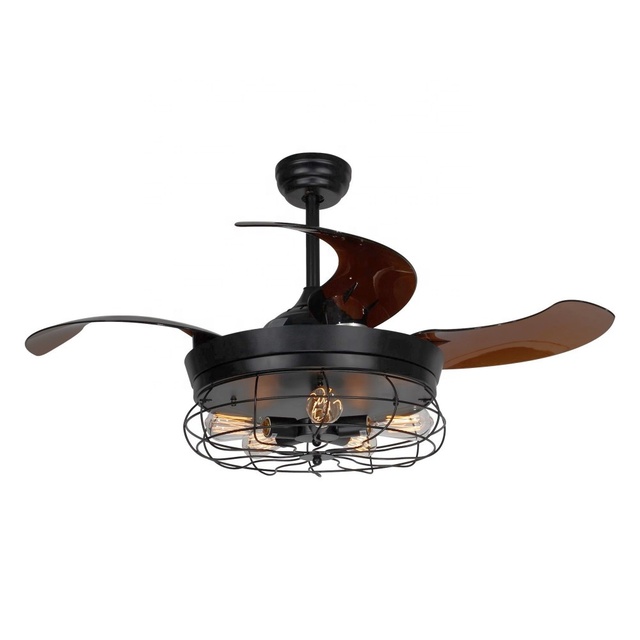 American European Style 42 Inch Bldc Propeller Foldable Hidden Lades Classic Vintage Cage Ceiling Fan With Light
