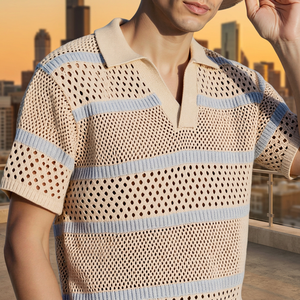 Camiseta de punto calado informal estilo europeo-americano, transpirable, con cuello de gaviota, manga corta, para hombre joven, tallas S-M-L-XL-XXL, color blanco - Product Image 3