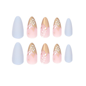 Faux ongles à presser personnalisés, dorés à la feuille d'or, motif feuille blanche, finition bleu mat, de designer premium, vente en gros - Product Image 5