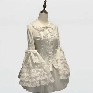 Chemise pour femme de style Lolita, col <span class=keywords><strong>Peter</strong></span> <span class=keywords><strong>Pan</strong></span>, manches évasées, dentelle, nœud, volants, blanc uni, coton polyester, printemps-été, surdimensionnée - Product Image 5